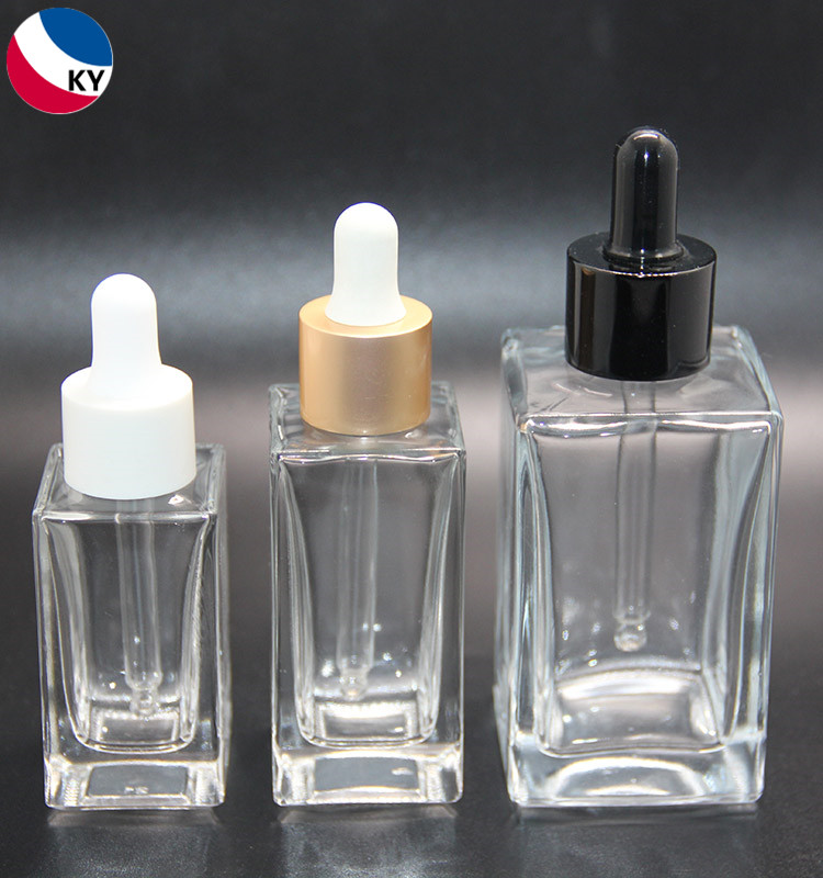 Empty Cosmetic 30ml 50ml Luxury Flat Shoulder Square Clear Glass Essential Oil Dropper Bottle