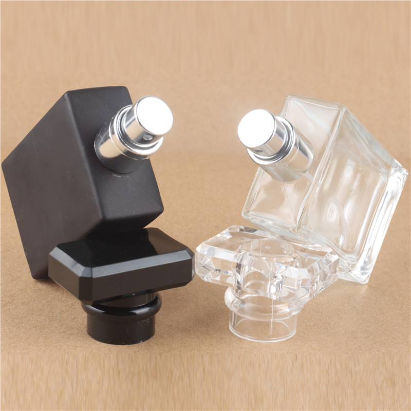 Empty Cosmetic 30ml Clear&Matte Black Flat Square Refillable Perfume Glass Bottles with Aluminum Pump Sprayer Wholesale