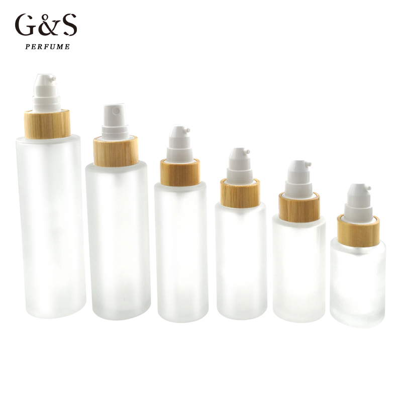 Empty Cosmetic Glass Pump and Spray Bottles Bamboo Essential Oil Bottle 10ml 20ml 30ml 50ml 100ml Cosmetic Package Bamboo Box
