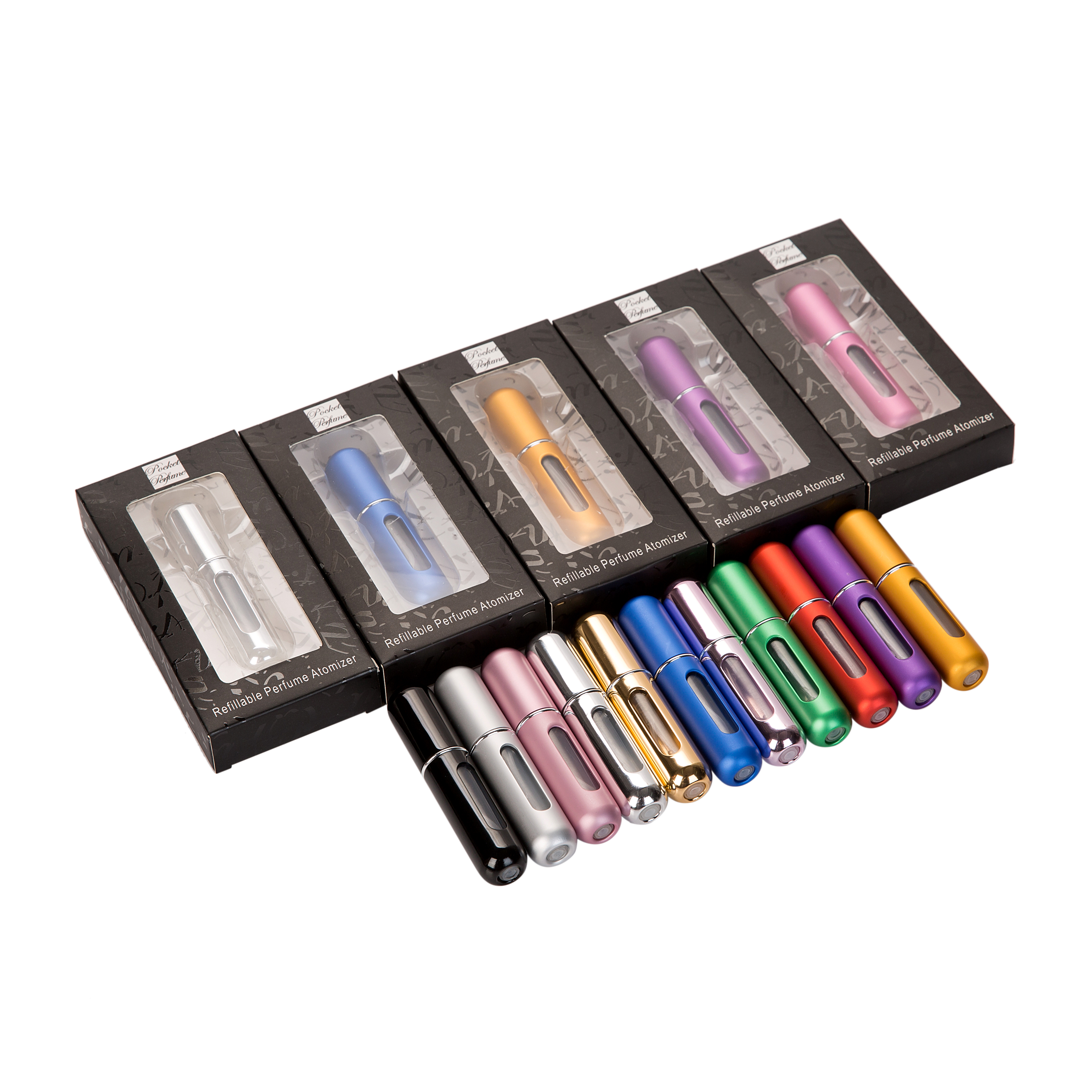 Empty Cosmetic Mini 5ml Bottom Refillable Spray Atomizers Travel-Sized Aluminum Perfume Bottles with Black Paper Box Package