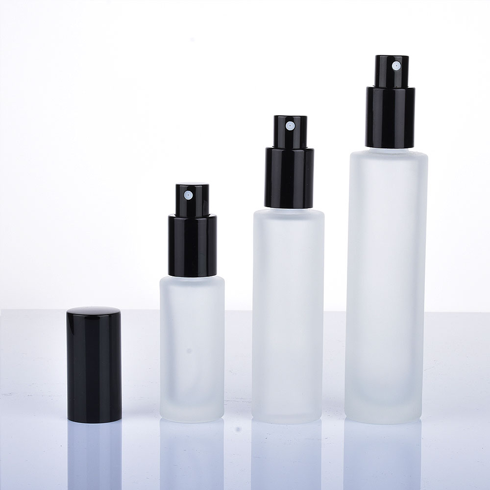 Empty Cosmetic perfume Flat shoulder cylinder refillable 30ml 50ml 100ml frosted glass perfume bottle with aluminum spray cap