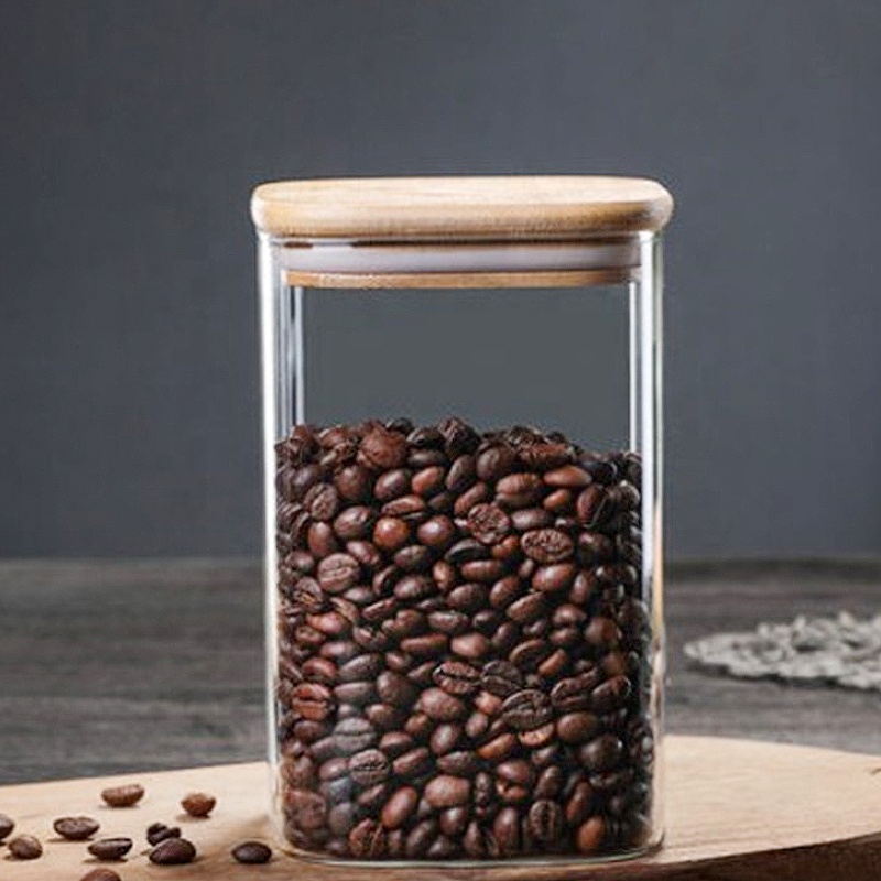Empty Custom Clear Coffee Cookie Food Container Airtight Square Borosilicate Glass Storage Jar With Bamboo