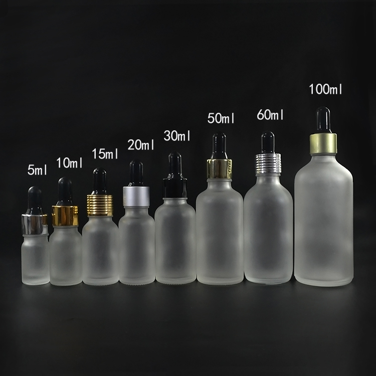 Empty Essential Oil 10ml 15ml 20ml 30ml 1OZ 50ml 60ml 100ml Frosted Clear Glass Eye Dropper Bottle with gold white rubber