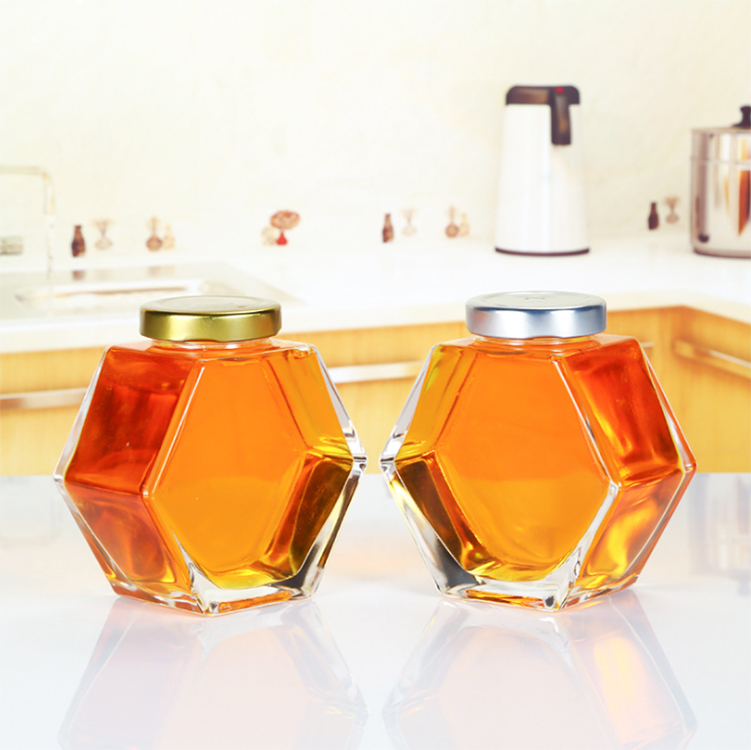 Empty Flat Hexagon Glass Jam Jar 380ml 100ml Honey Jar Glass with Twist Off Golden Tin Lid