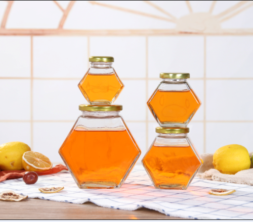 Empty Flat Hexagon Glass Jam Jar 500g Honey Jar Glass with Twist Off Golden Tin Lid