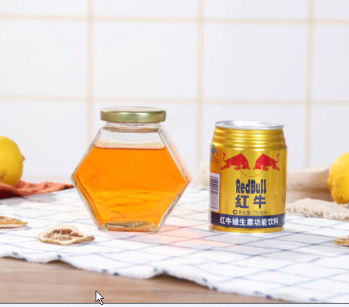 Empty Flat Hexagon Glass Jam Jar 500g Honey Jar Glass with Twist Off Golden Tin Lid