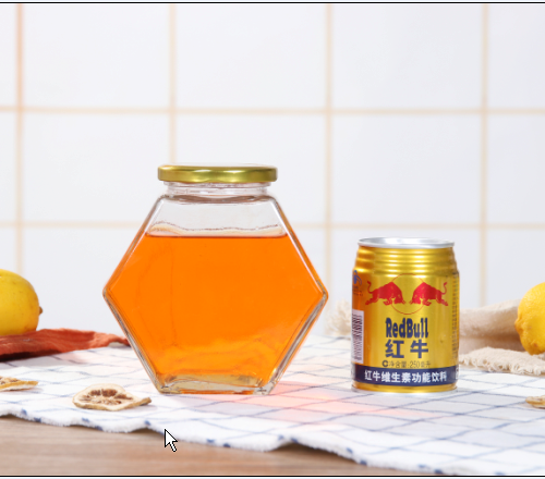 Empty Flat Hexagon Glass Jam Jar 500g Honey Jar Glass with Twist Off Golden Tin Lid