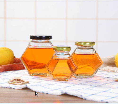 Empty Flat Hexagon Glass Jam Jar 500g Honey Jar Glass with Twist Off Golden Tin Lid