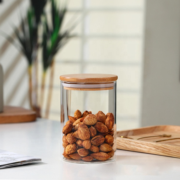 Empty Food Grade Storage Spice Airtight Cylinder Bottle Canister Set Borosilicate Glass Jar Bamboo Lid