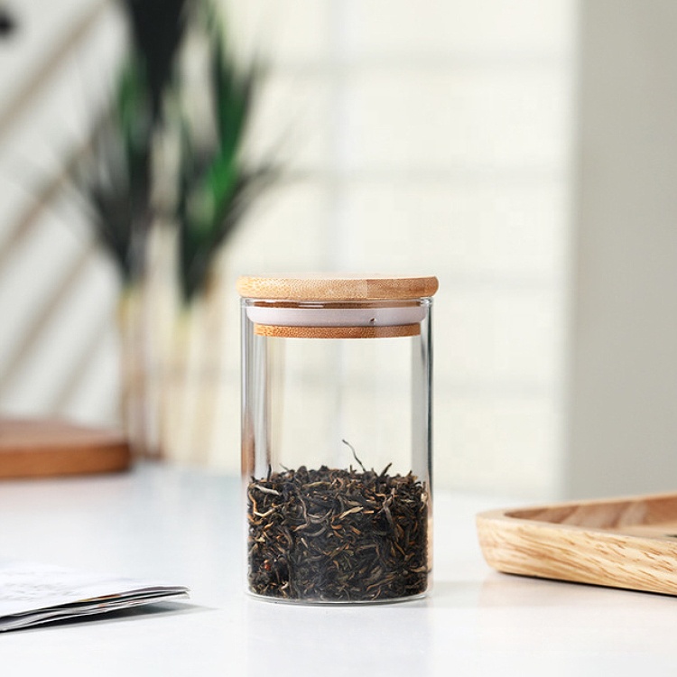 Empty Food Grade Storage Spice Airtight Cylinder Bottle Canister Set Borosilicate Glass Jar Bamboo Lid