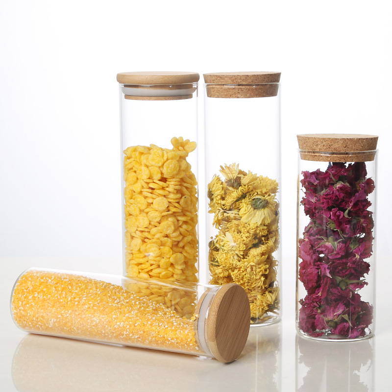 Empty Food Storage Glass Jars Glass With Bamboo Lid And Silicone Ring Round Food Storage Glass Jar With Cork Lid Sealed Food Jar