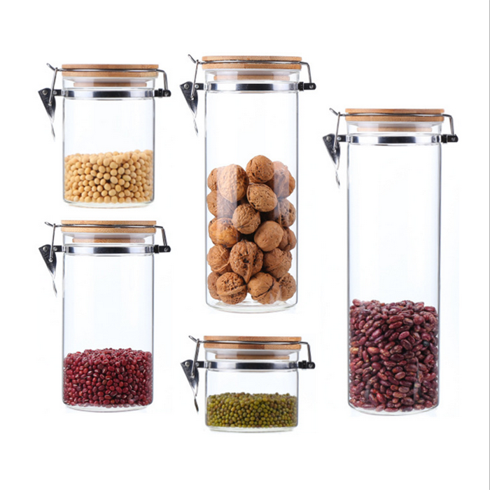 Empty Food Storage Glass Jars Glass with Bamboo Lid and Silicone Ring