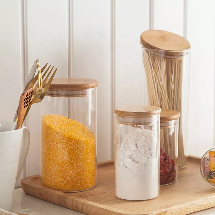 Empty Food Storage Glass Jars with Bamboo Lid and Silicone Ring