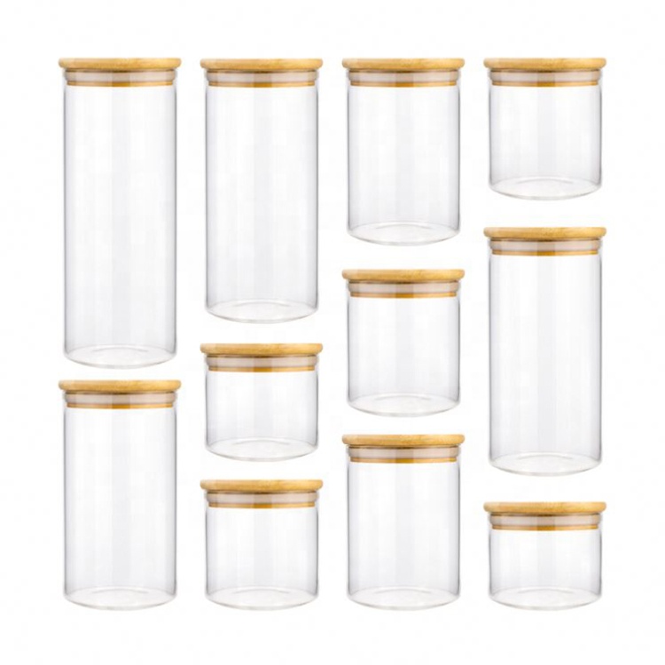 Empty Food Storage Glass Jars with Bamboo Lid and Silicone Ring