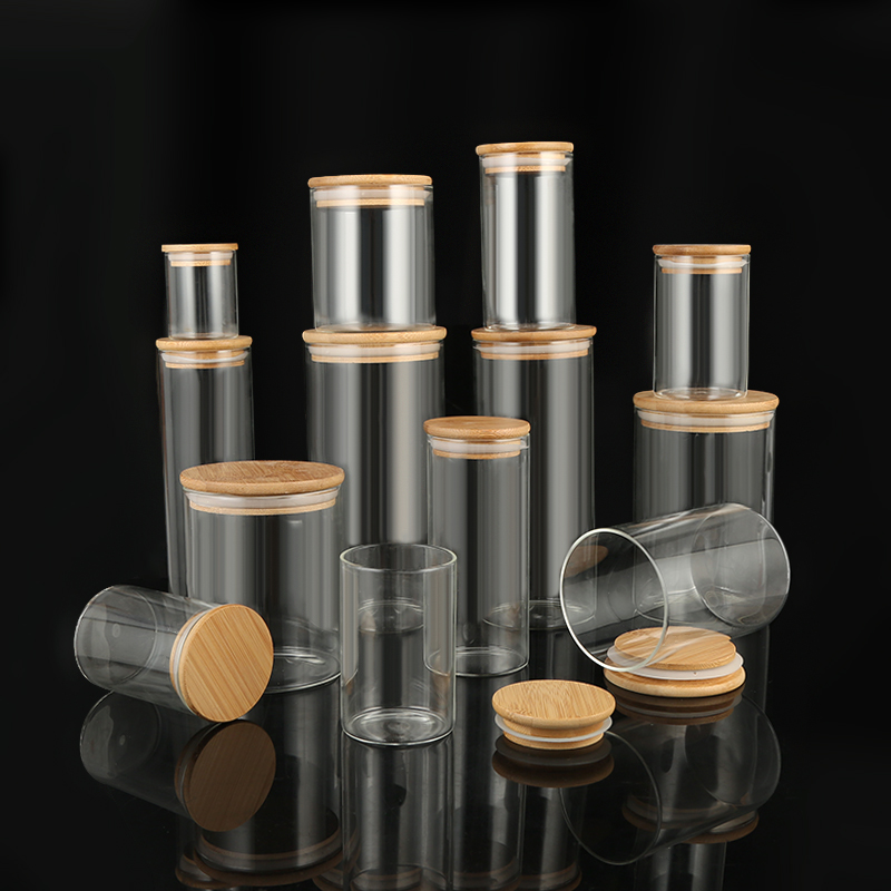 Empty Food Storage Jar Coffee Bean Sugar Glass Jars with Bamboo Lid and Silicone Ring