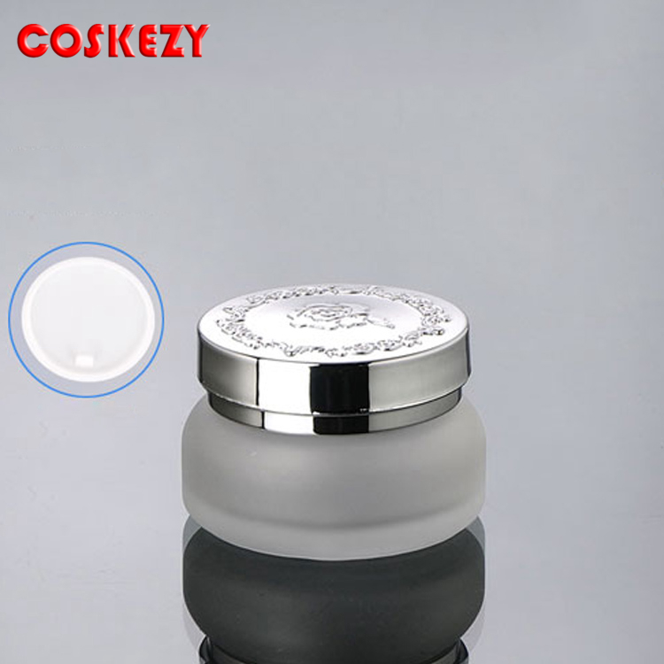 Empty Frosted Clear 50ml Glass Cream Jar with Silver Lid, Transparent Frosted Glass Cosmetic Packaging Jar 30g