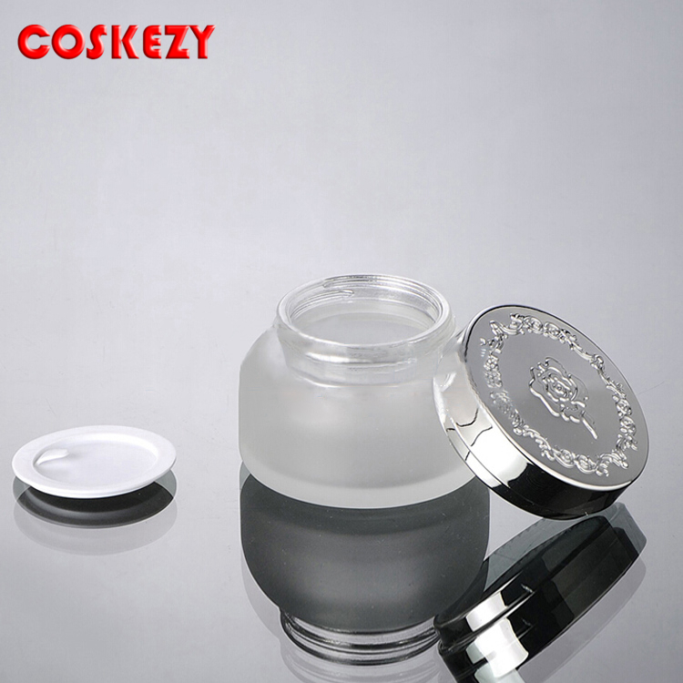Empty Frosted Clear 50ml Glass Cream Jar with Silver Lid, Transparent Frosted Glass Cosmetic Packaging Jar 30g