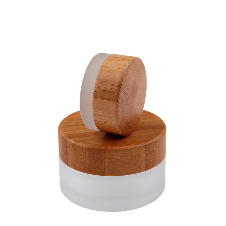 Empty Frosted Clear Glass Natural Bamboo Lid Cosmetic Jar