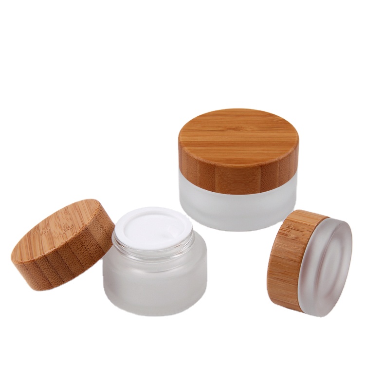 Empty Frosted Clear Glass Natural Bamboo Lid Cosmetic Jar