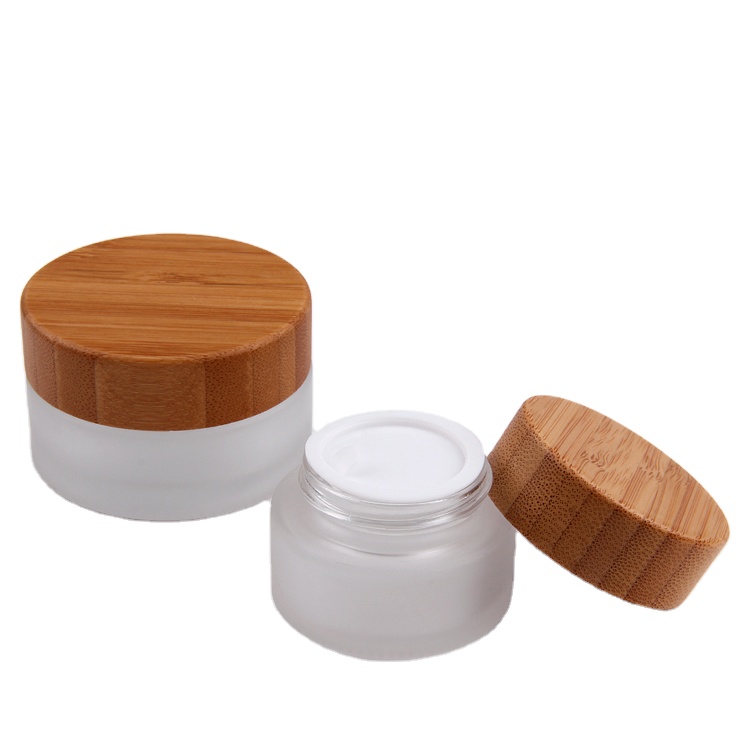 Empty Frosted Clear Glass Natural Bamboo Lid Cosmetic Jar
