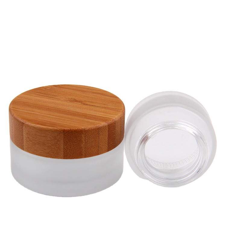 Empty Frosted Clear Glass Natural Bamboo Lid Cosmetic Jar