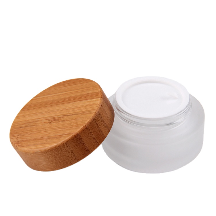Empty Frosted Clear Glass Natural Bamboo Lid Cosmetic Jar