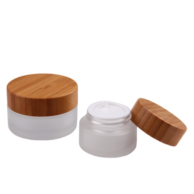 Empty Frosted Clear Glass Natural Bamboo Lid Cosmetic Jar