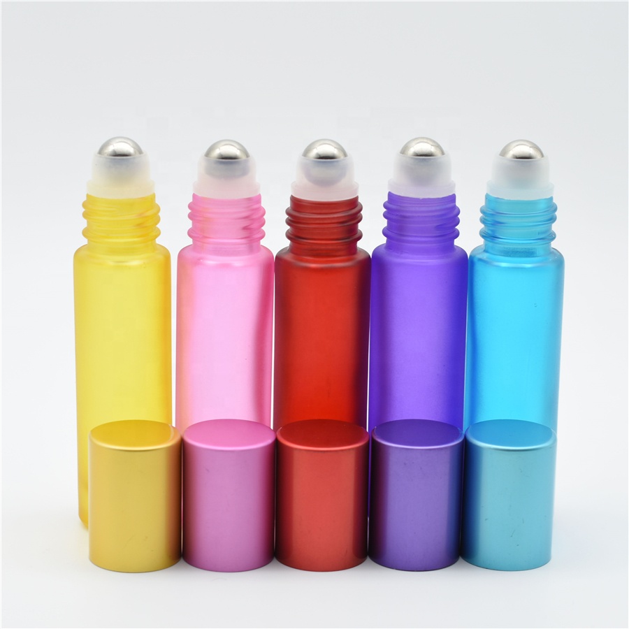 Empty Frosted Pink Red Orange Purple 10ml Glass Roller Perfume Bottles