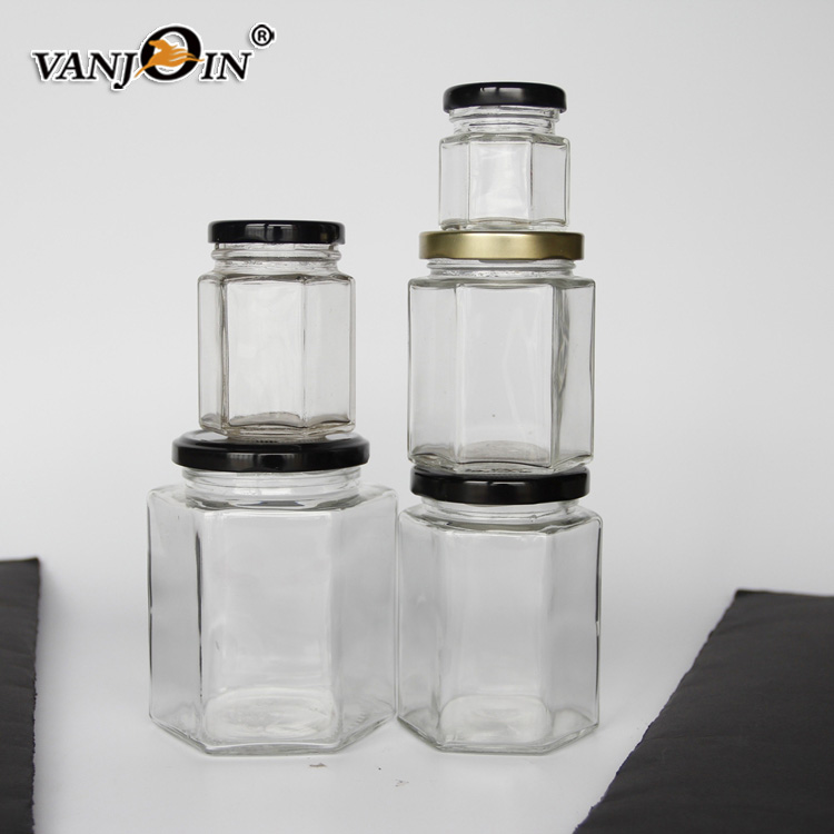 Empty Glass Honey Jar 180ml Hexagonal Shape With Lug Cap For 250grams Honey Packing