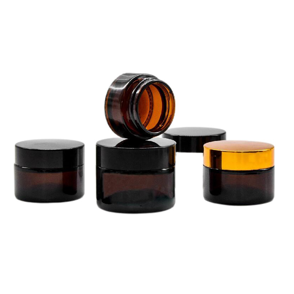 Empty High Quality 60ml Amber Round Glass Jar with Gold Metal Lid in Stock