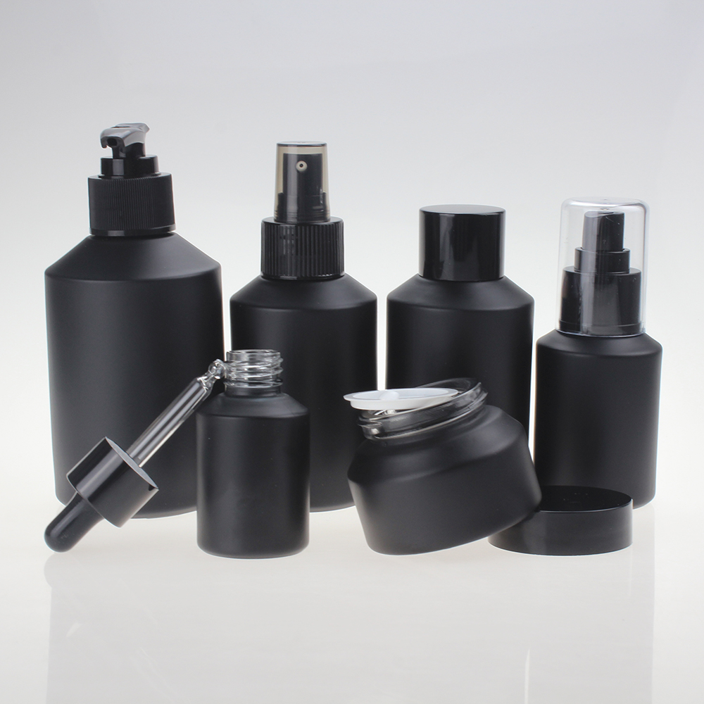 Empty Matt Black 125ml 200ml Lotion Pump Glass Bottle and 60ml 100ml with pump spray cap wholesales