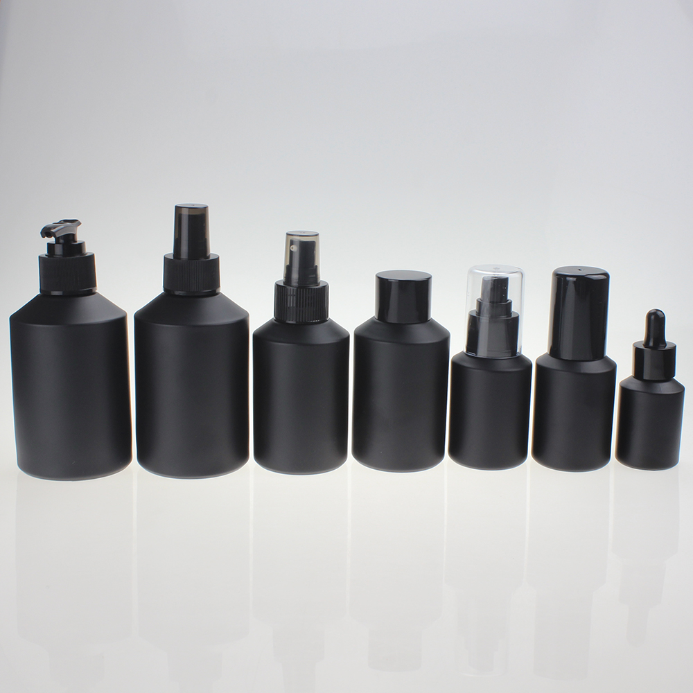 Empty Matt Black 125ml 200ml Lotion Pump Glass Bottle and 60ml 100ml with pump spray cap wholesales