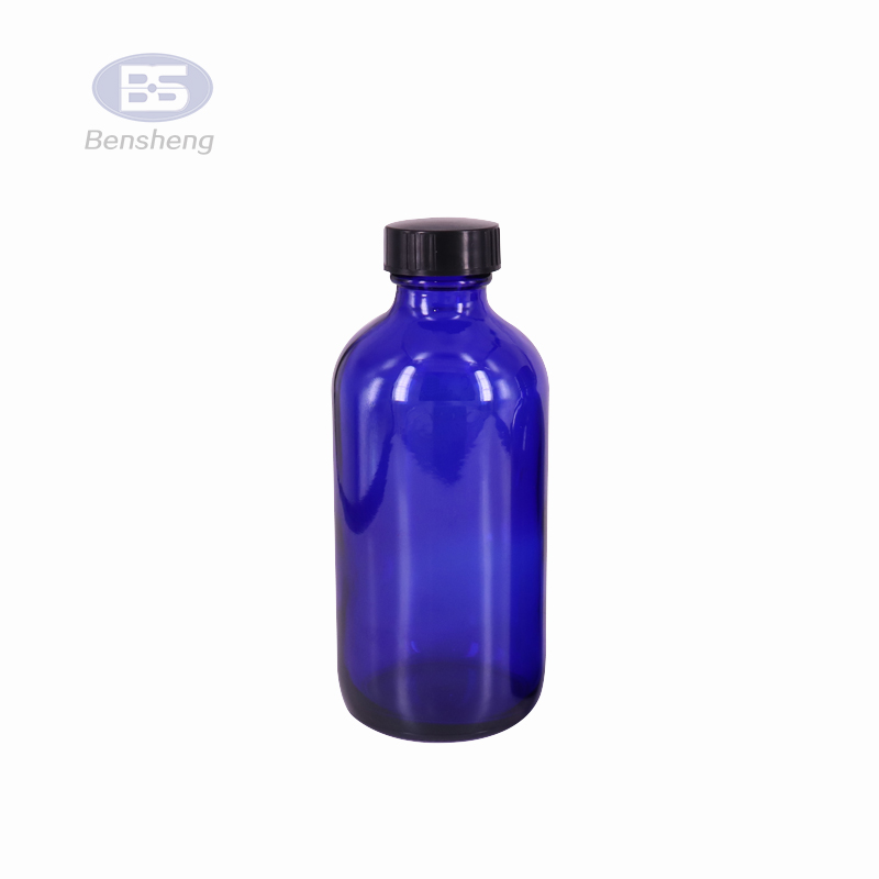 Empty Matte blue frosted glass bottles for packaging essential oil with screw black silver aluminum cap
