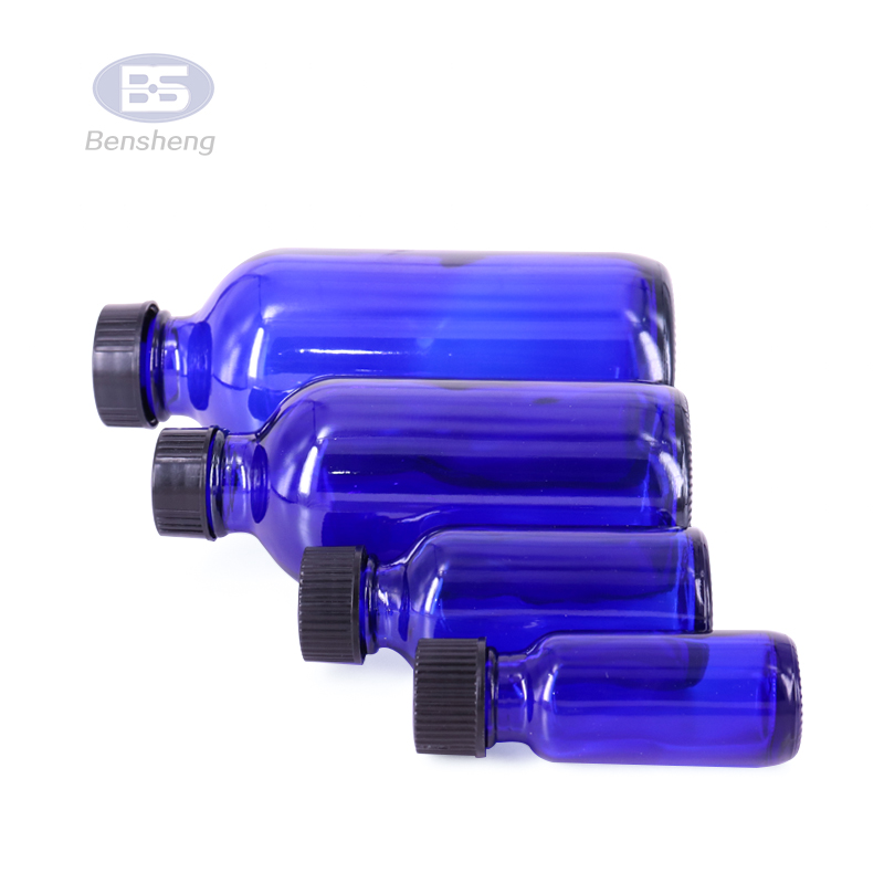 Empty Matte blue frosted glass bottles for packaging essential oil with screw black silver aluminum cap