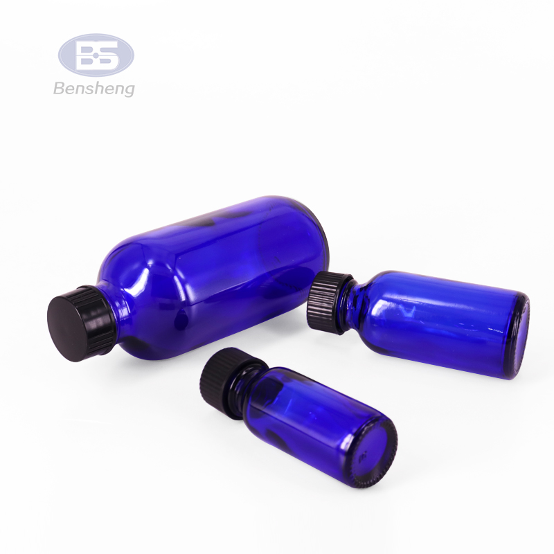 Empty Matte blue frosted glass bottles for packaging essential oil with screw black silver aluminum cap