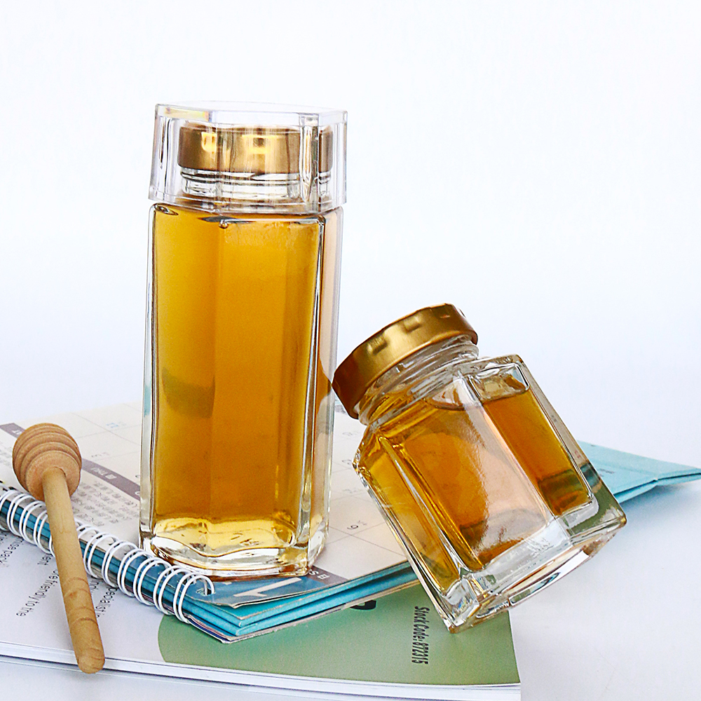 Empty New Clear Hexagonal Miel Raw Honey Glass Jar With Hexagon Lid