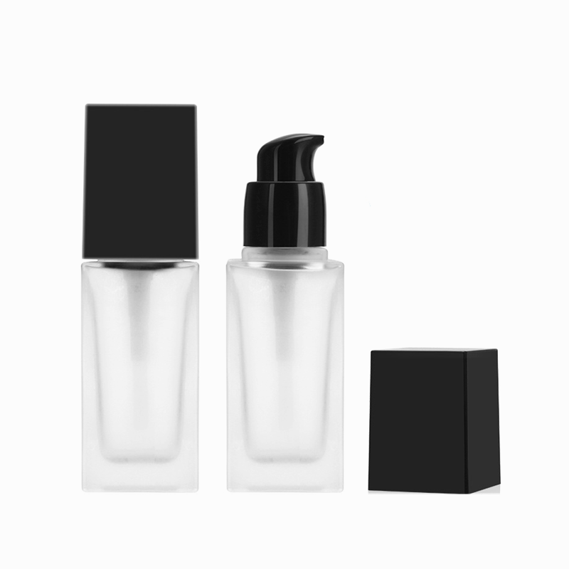 Empty Packaging and Bottle Foundation glass bottle with Press Pump and black square cap 30ml 50ml