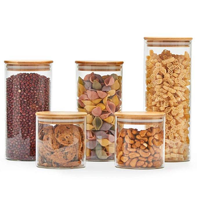 Empty Premium Glass Storage Jar Airtight Bamboo Canister With Engraving Wood Lid