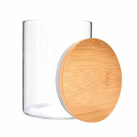 Empty Premium Glass Storage Jar Airtight Bamboo Canister With Engraving Wood Lid