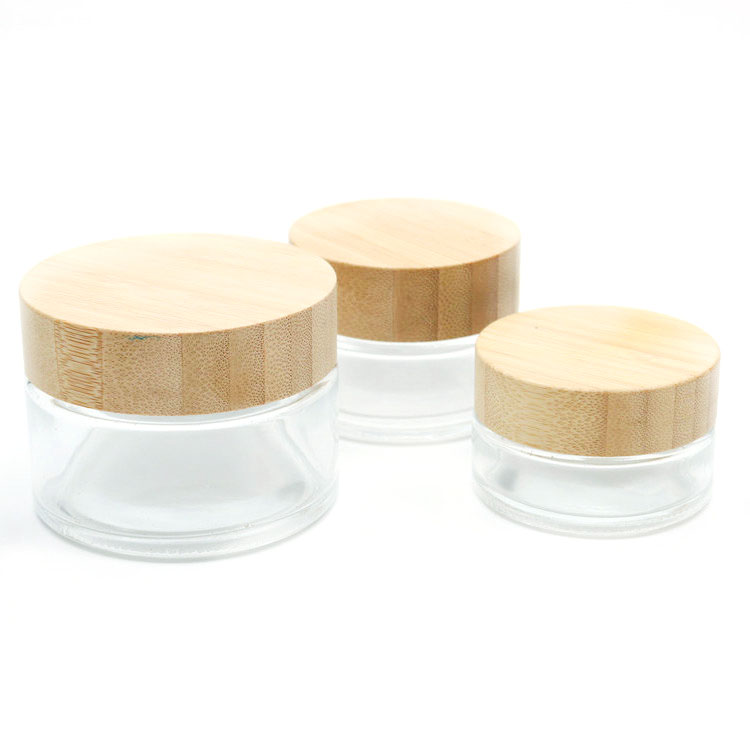 Empty Refillable Clear Frosted Glass Bottles Round Cosmetic Jars Container Storage Pot with Natural Bamboo Lids