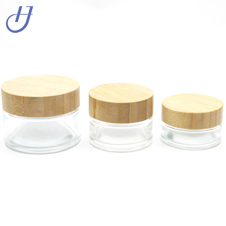 Empty Refillable Clear Frosted Glass Bottles Round Cosmetic Jars Container Storage Pot with Natural Bamboo Lids