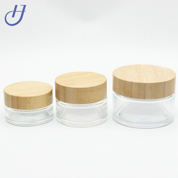 Empty Refillable Clear Frosted Glass Bottles Round Cosmetic Jars Container Storage Pot with Natural Bamboo Lids