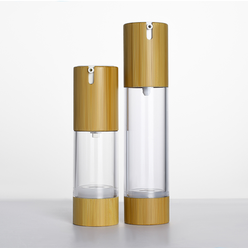 Empty Refillable Plastic Vacuum Cosmetic Container 30ml 50ml Clear Airless Pump Press Bottle with Bamboo Lid