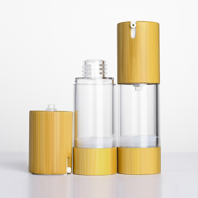 Empty Refillable Plastic Vacuum Cosmetic Container 30ml 50ml Clear Airless Pump Press Bottle with Bamboo Lid