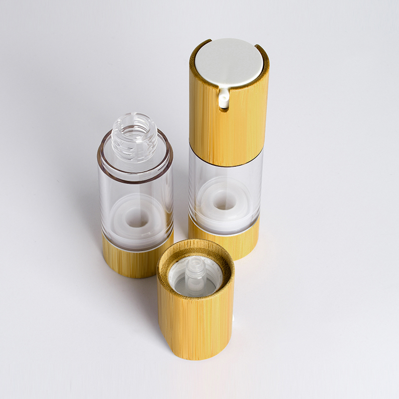 Empty Refillable Plastic Vacuum Cosmetic Container 30ml 50ml Clear Airless Pump Press Bottle with Bamboo Lid