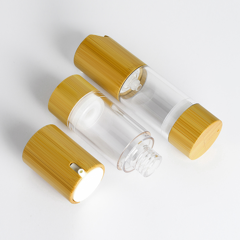 Empty Refillable Plastic Vacuum Cosmetic Container 30ml 50ml Clear Airless Pump Press Bottle with Bamboo Lid