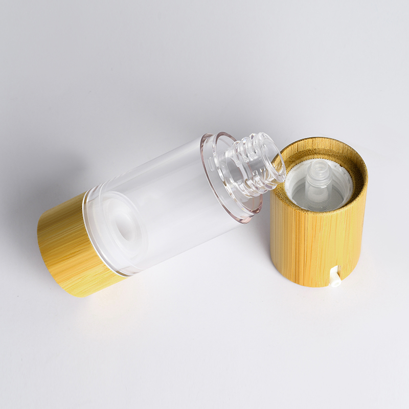 Empty Refillable Plastic Vacuum Cosmetic Container 30ml 50ml Clear Airless Pump Press Bottle with Bamboo Lid
