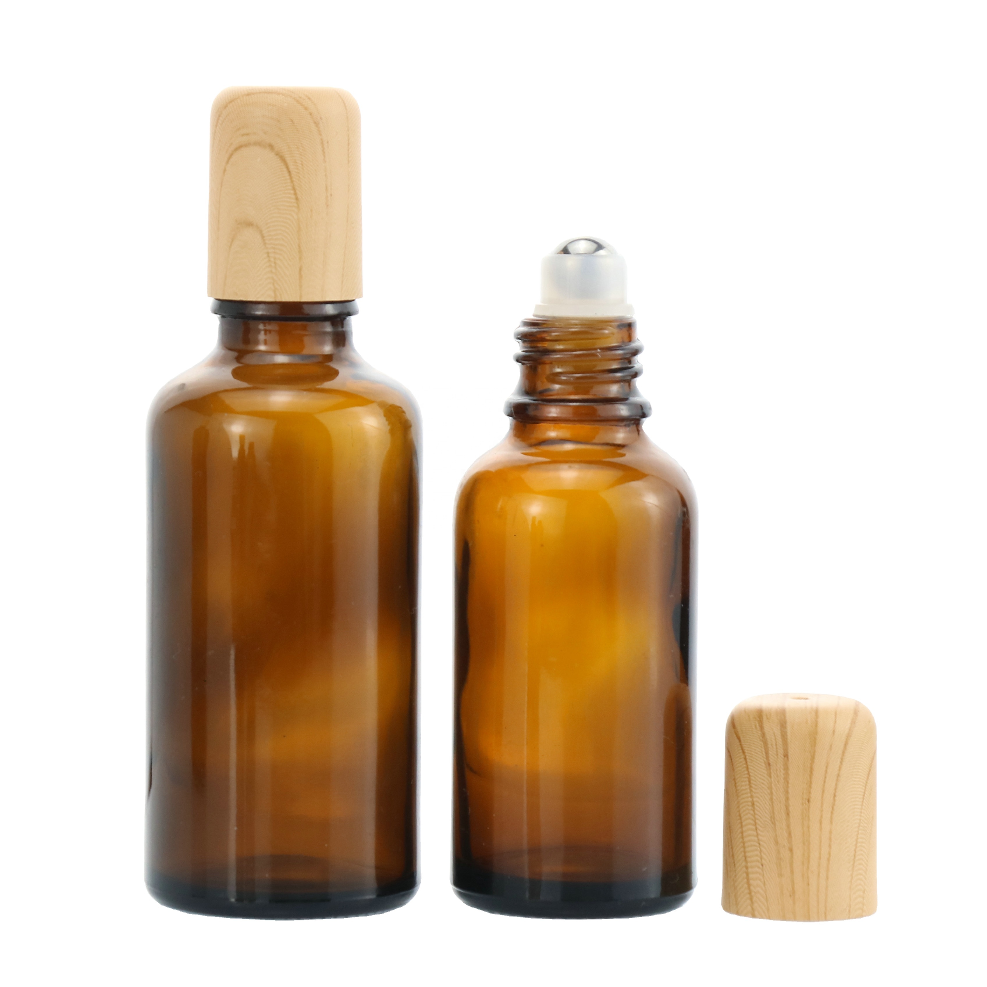 Empty Round 30ml 50ml Clear Amber Glass Essential Oil Roll On Bottle with Bamboo Cap