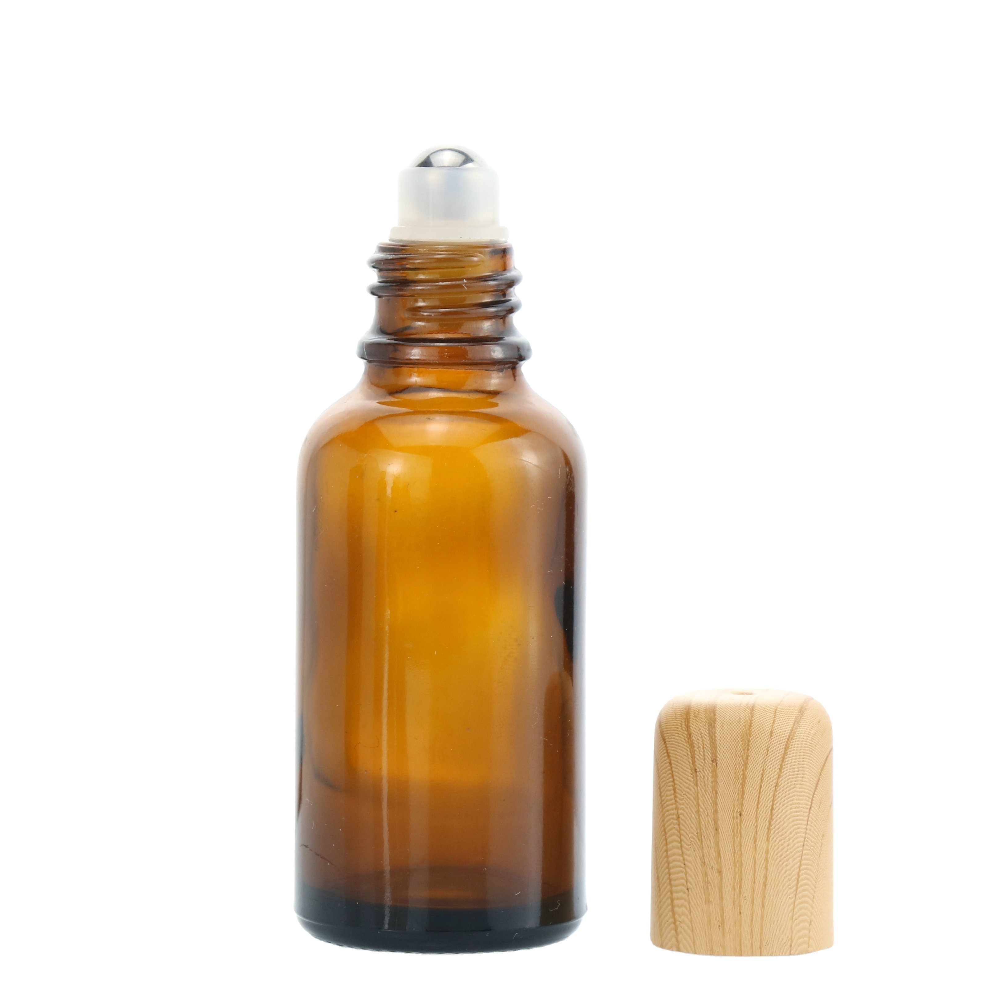 Empty Round 30ml 50ml Clear Amber Glass Essential Oil Roll On Bottle with Bamboo Cap
