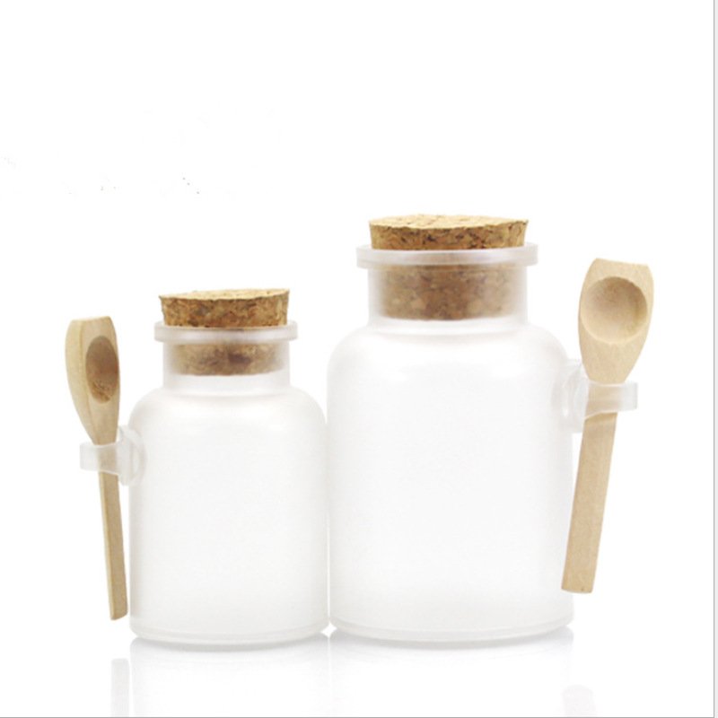 Empty Round Scrub ABS Bath Salt Jars 100ml 200ml 300ml With Cork Stoppers Spoon Glass Bottles Cosmetics